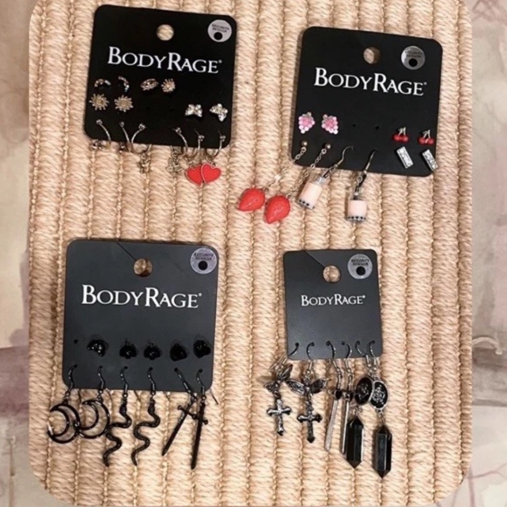 Nwt Set Of 4 Body Rage Black Witchy Cat Kawaii Fruit Mix Match Earring Bundle